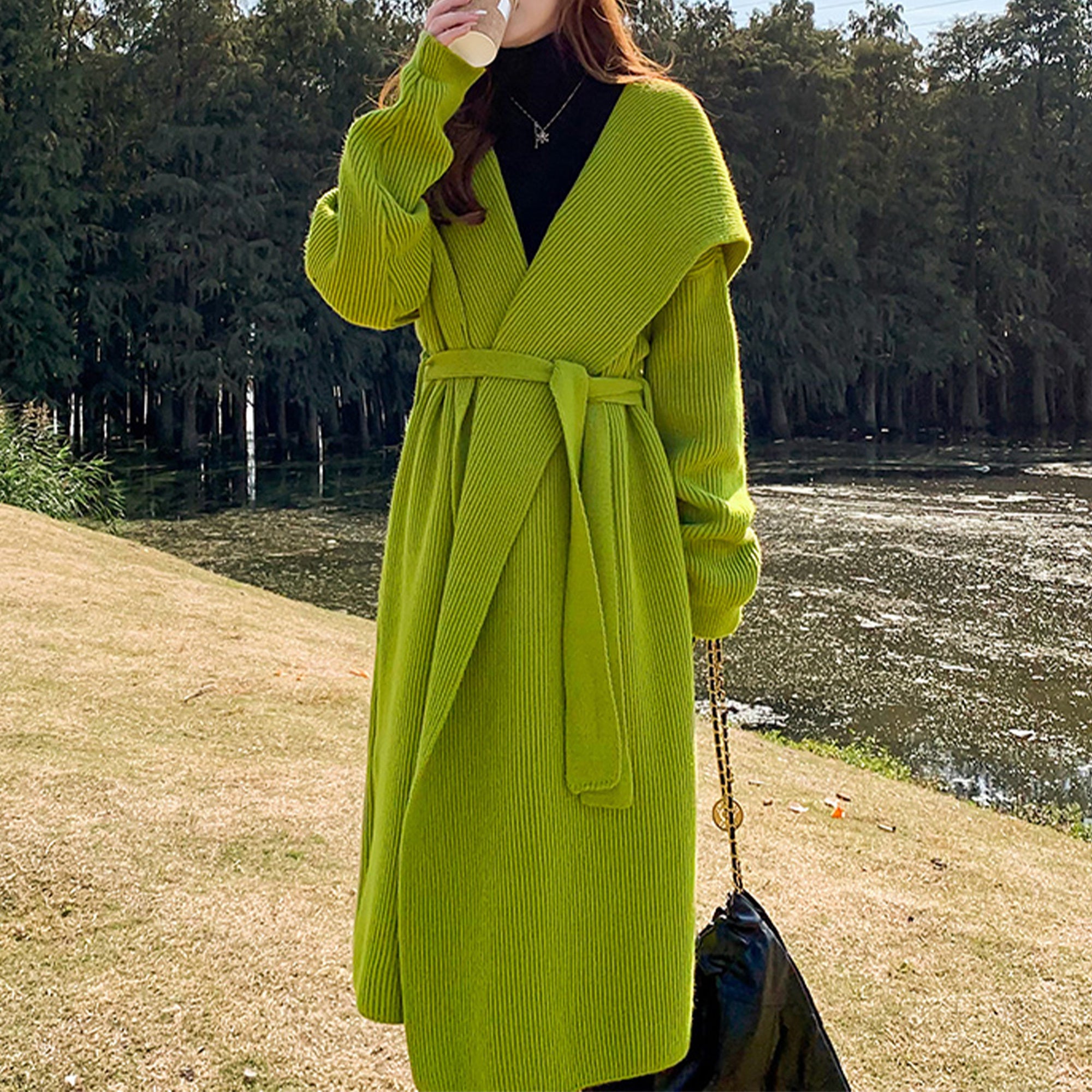 Green Alpaca Wool Sweater Coat