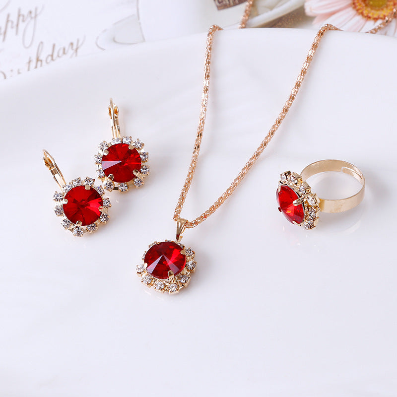 America Fashion Round Crystal Necklace Earrings Ring Set