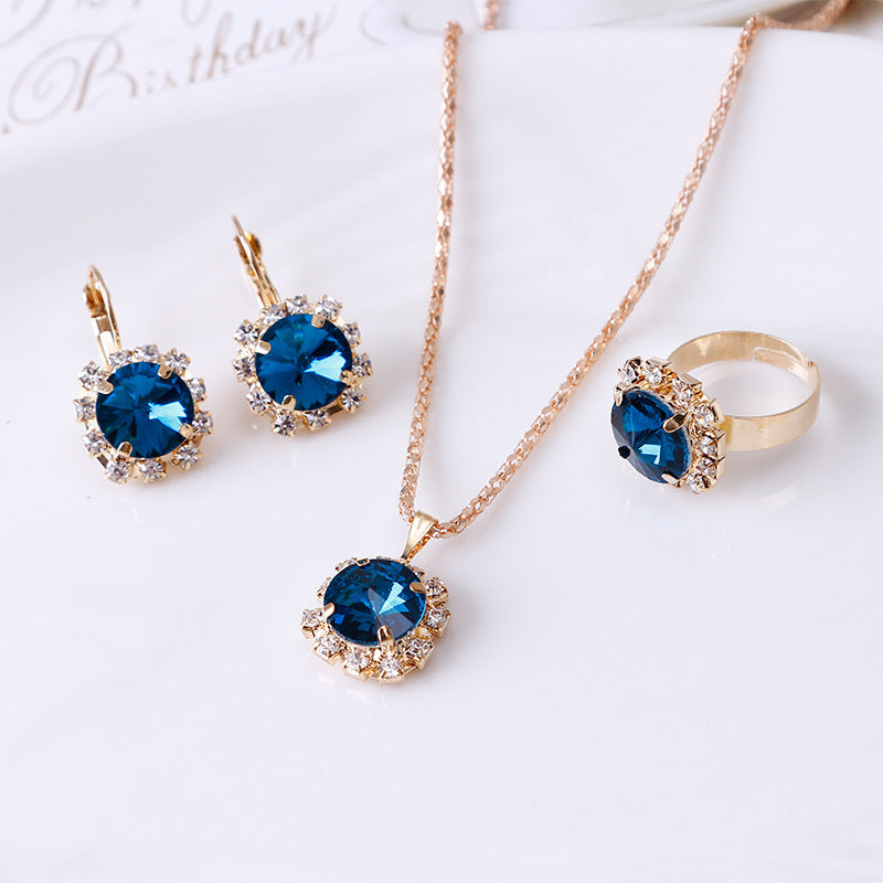 America Fashion Round Crystal Necklace Earrings Ring Set