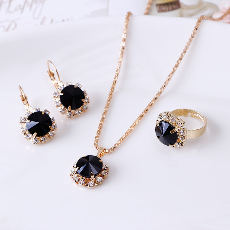 America Fashion Round Crystal Necklace Earrings Ring Set